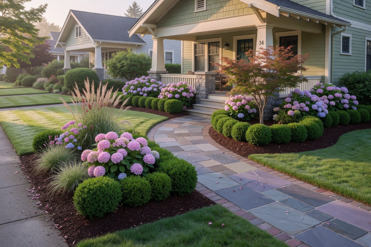Front yard with stone walkway and hydrangeas