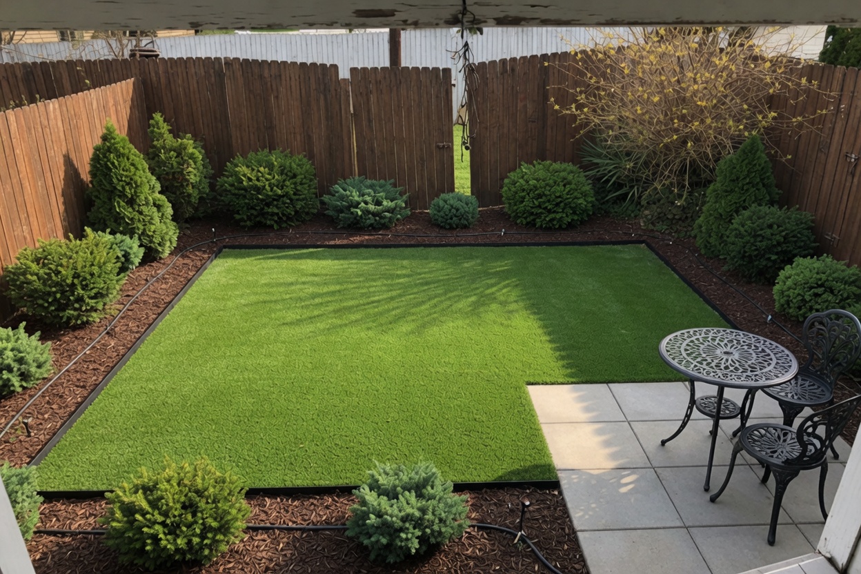 Low-maintenance yard with mulch beds and paver patio