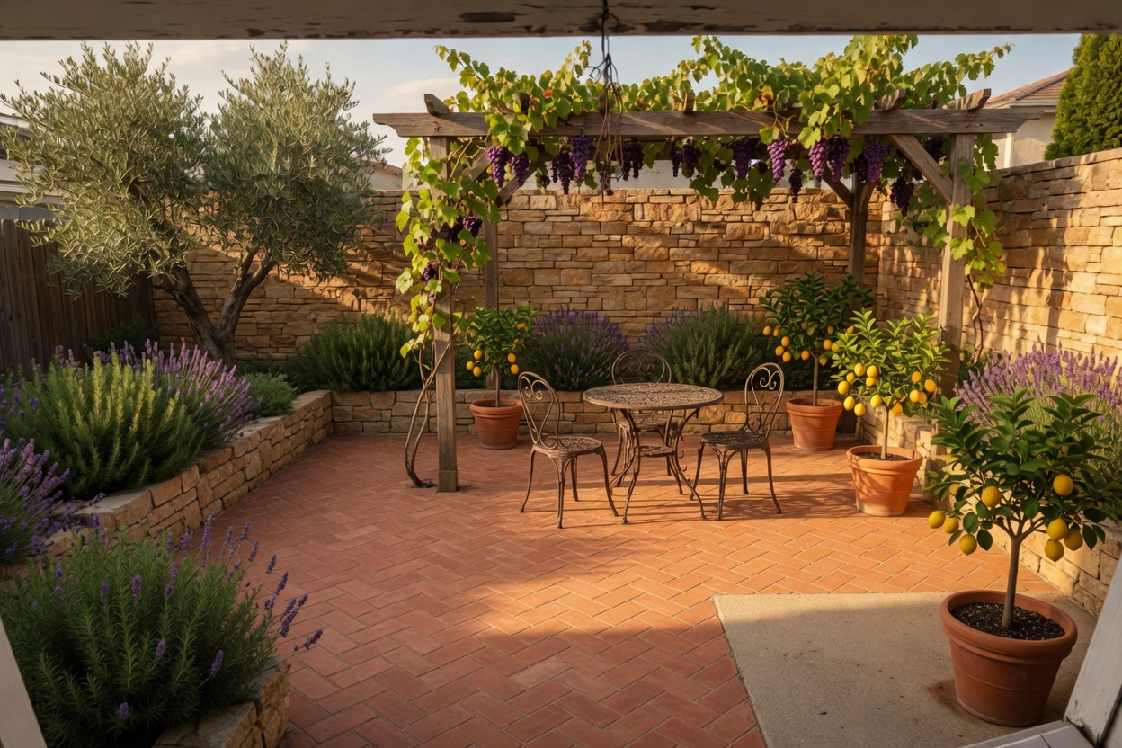 Mediterranean courtyard with pergola and olive tree